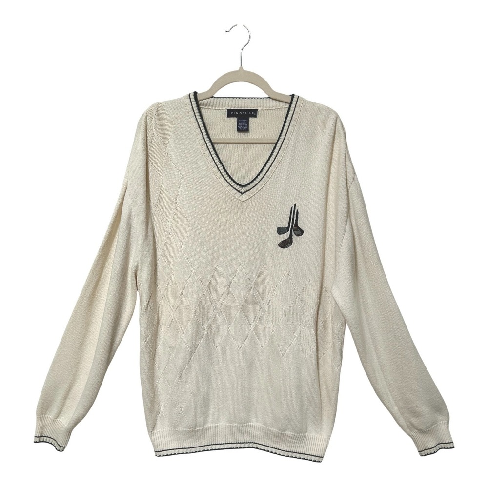 VTG Pinnacle Mens Argyle Golf Sweater L Ivory Pullover V-Neck Cotton USA Chunky